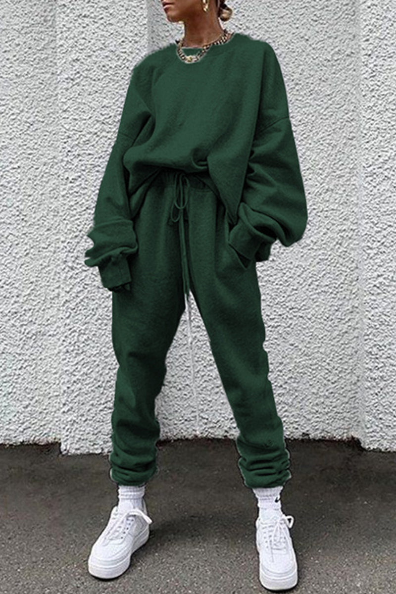 Casual Solid Pocket O Neck Long Sleeve Two Pieces(14 Colors)