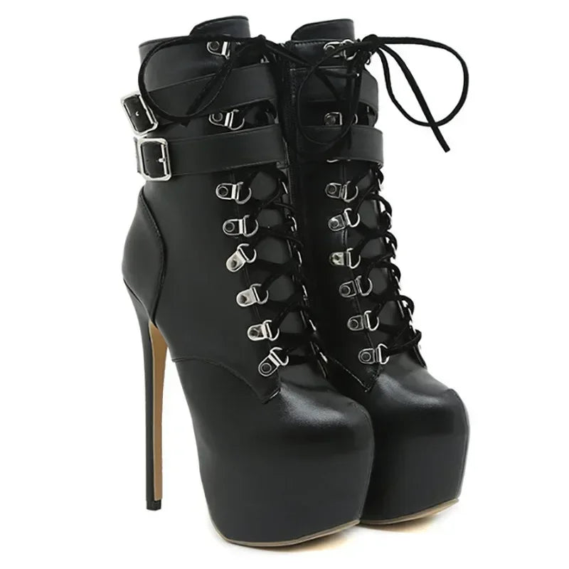 16cm Thin high heel modern metal buckles mid-calf round toes  High Heel