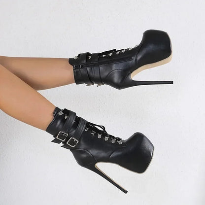 16cm Thin high heel modern metal buckles mid-calf round toes  High Heel