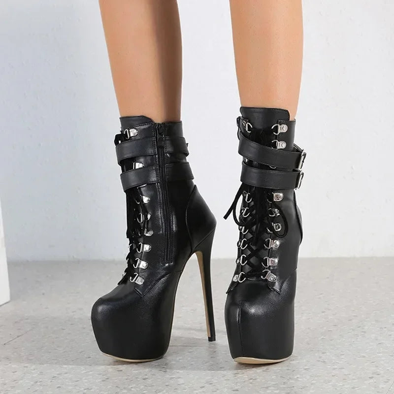 16cm Thin high heel modern metal buckles mid-calf round toes  High Heel