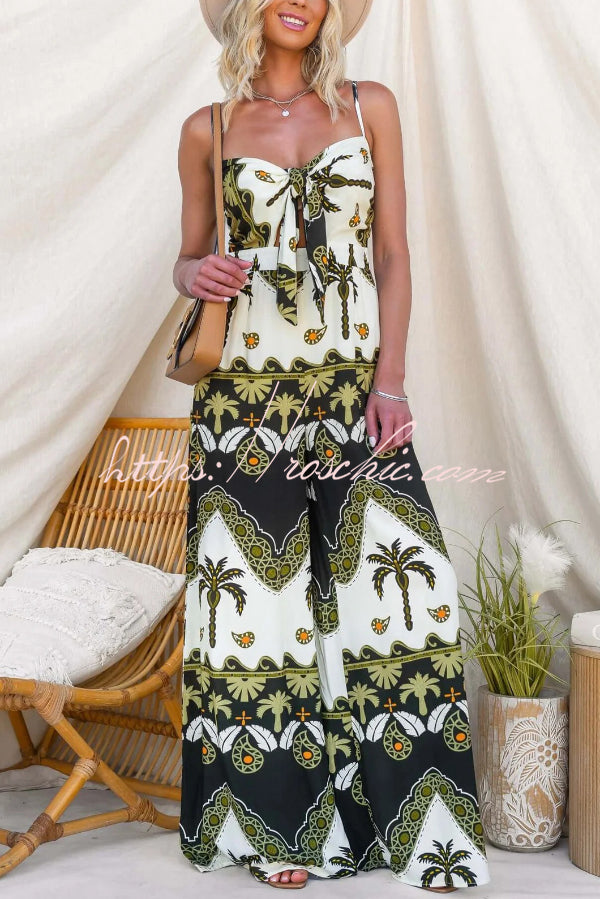 Unique Print Casual Spaghetti Strap High Waist Resort Loose Wide Leg Jumpsuit