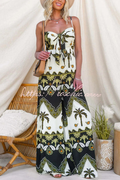 Unique Print Casual Spaghetti Strap High Waist Resort Loose Wide Leg Jumpsuit