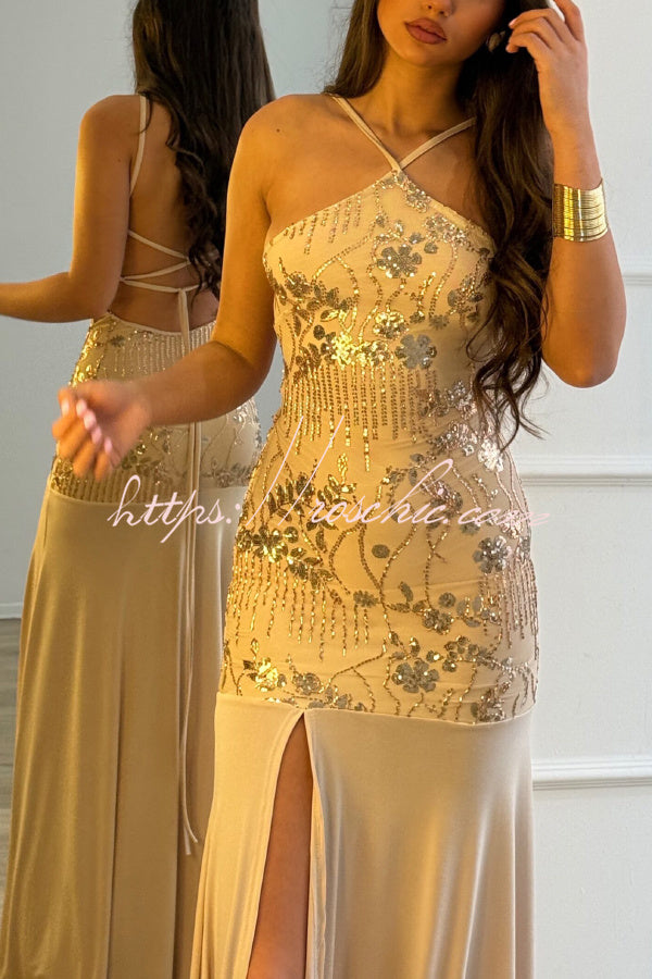 Fashionable Sequined Halter Neck Elegant Slim-fit Slit Maxi Dress