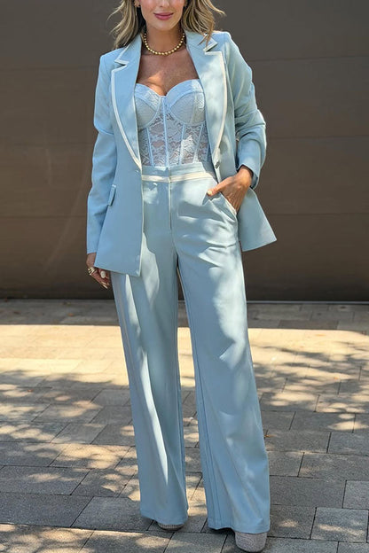 Timeless Essence Color Block Trim Elastic Waist Pocket Wide Leg Pants