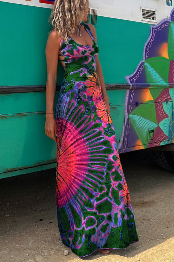 La Bamba Tie-dye Print Back Lace-up Stretch Maxi Dressï¼_ith built-in braï¼
