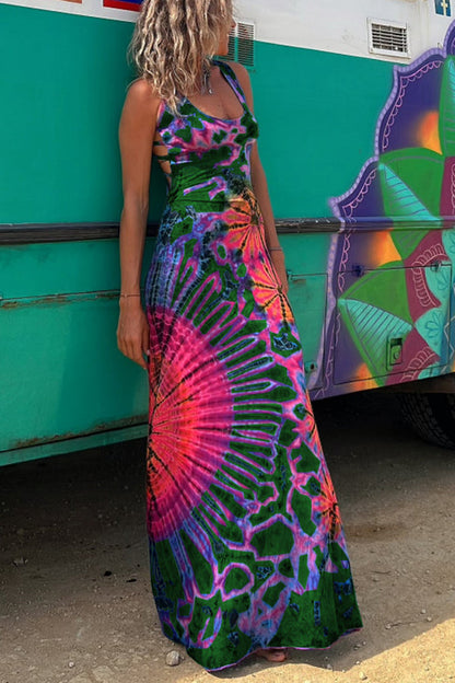 La Bamba Tie-dye Print Back Lace-up Stretch Maxi Dressï¼_ith built-in braï¼