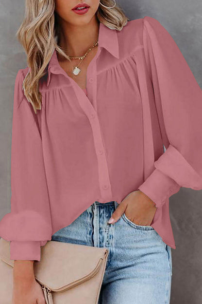 Casual Simplicity Solid Buttons Turndown Collar Tops