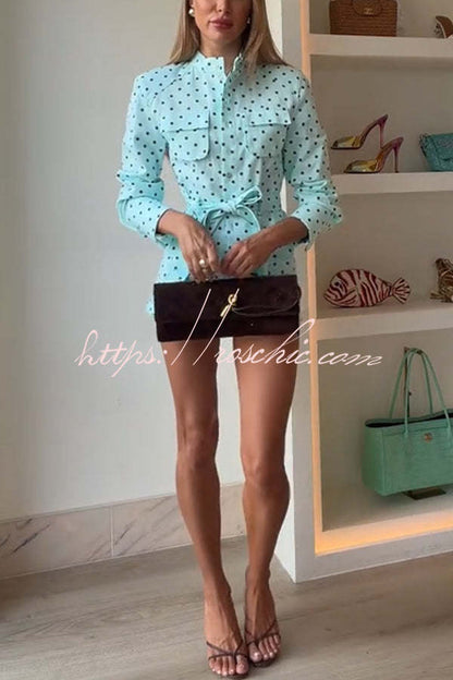 Trisha Linen Blend Polka Dot Stand Neck Belted Jacket and Low-Rise Pocket Mini Shorts Set
