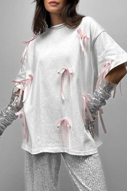 Sweet Daily Solid With Bow O Neck T-Shirts
