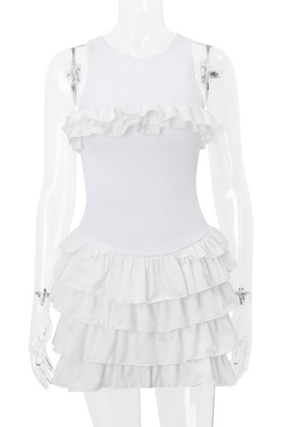 Sexy Solid Backless Flounce Strap Design O Neck Cake Skirt Dresses