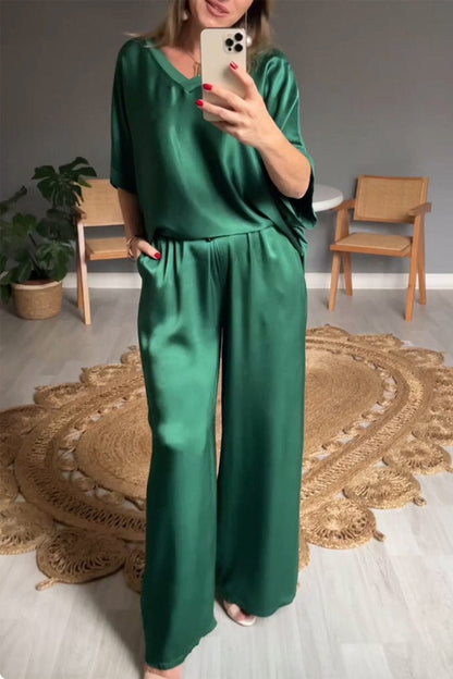 Casual Simplicity Solid Pocket V Neck Short Sleeve Two Pieces