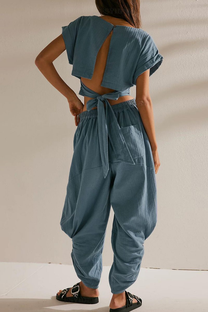 Casual Lace Up Backless O Neck Short Sleeve Two Pieces(2 Colors)