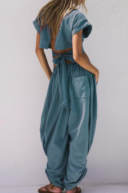 Casual Lace Up Backless O Neck Short Sleeve Two Pieces(2 Colors)