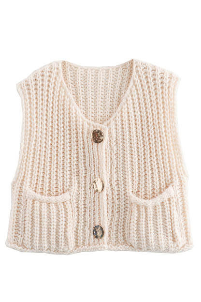 Casual Daily Solid Color Pocket Buttons Weave O Neck Sweaters (3 Colors)
