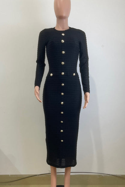 Elegant Solid Color Buckle Patchwork O Neck Long Dresses