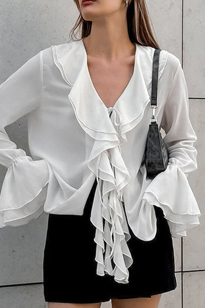 Elegant Solid Color Ruffle V Neck Blouses