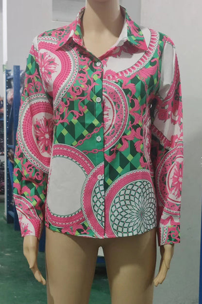 Elegant Floral Print Buttons Contrast Turndown Collar Blouses