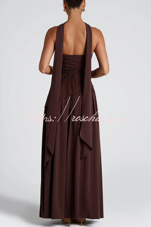 Elegant Off Shopulder Chiffon Pleated Hem Scarf Slit Maxi Dress