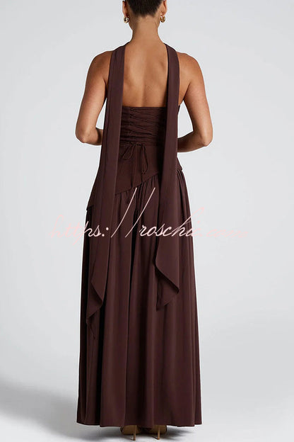 Elegant Off Shopulder Chiffon Pleated Hem Scarf Slit Maxi Dress