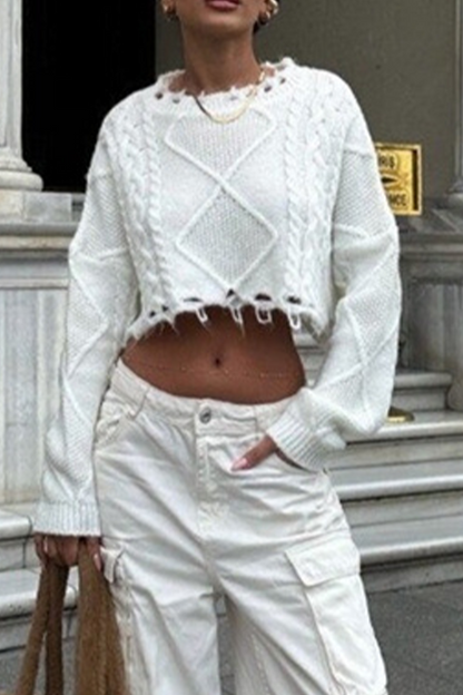 Casual Solid Color Ripped Weave O Neck Sweaters