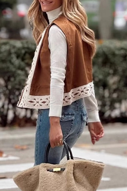 Casual Lace Patchwork O Neck Waistcoats