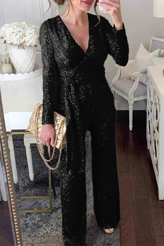 Casual Sequins Lace Up Sequined V Neck Regular Jumpsuits