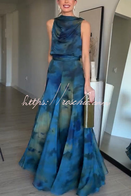 Ione Chiffon Ombr¨¦ Print Cowl Neck Top and High Rise Maxi Skirt Set with Scarf