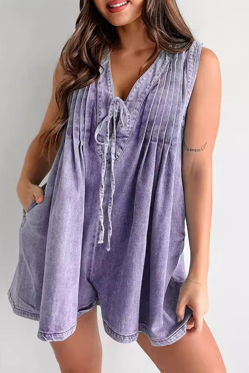 Casual Street Pocket Lace Up V Neck Sleeveless Loose Denim Jumpsuits(9 Colors)