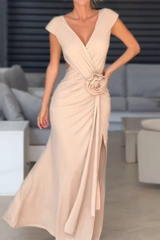 Dalia Boutique Floral Evening Dresses with Slit and Ruffles and V Neck Wear Edit