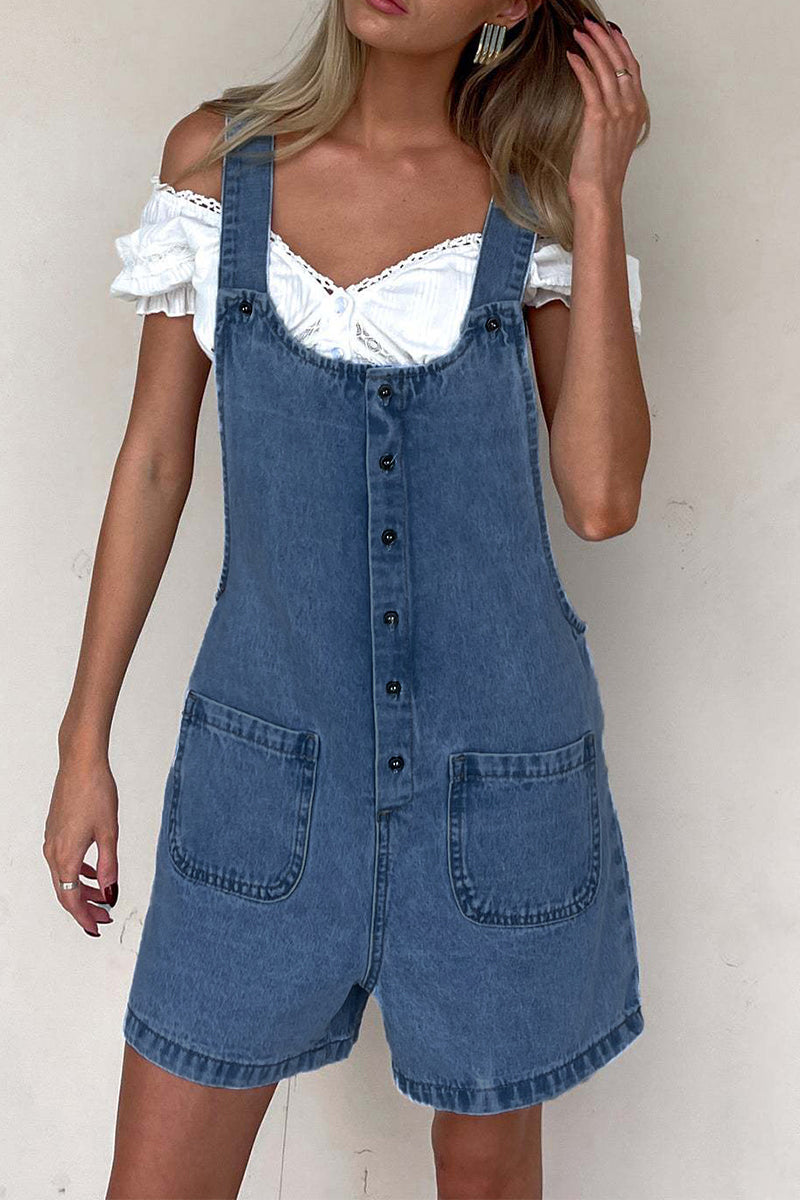 Casual Pocket Buttons U Neck Loose Rompers