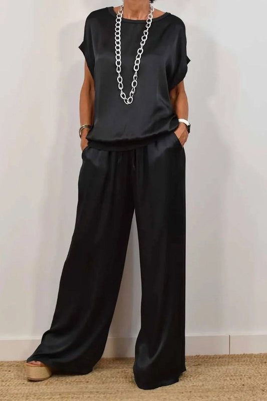 Casual Draw String Pocket O Neck Short Sleeve Two Pieces(4 Colors)
