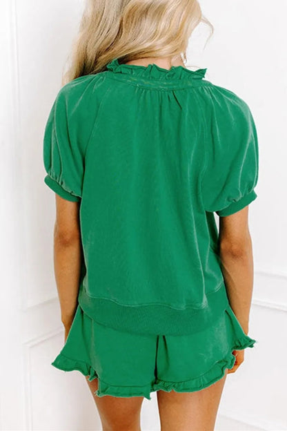 Women's Casual Puff Sleeve Top and Ruffle Shorts Set