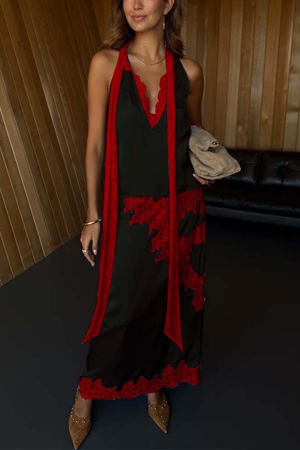 Sunday Social Contrast Color Satin Lace Trim Mid Rise Maxi Skirt (Shipped Within 24 Hours)