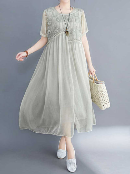 Embroidered Silk Round-Neck A-Line Dress