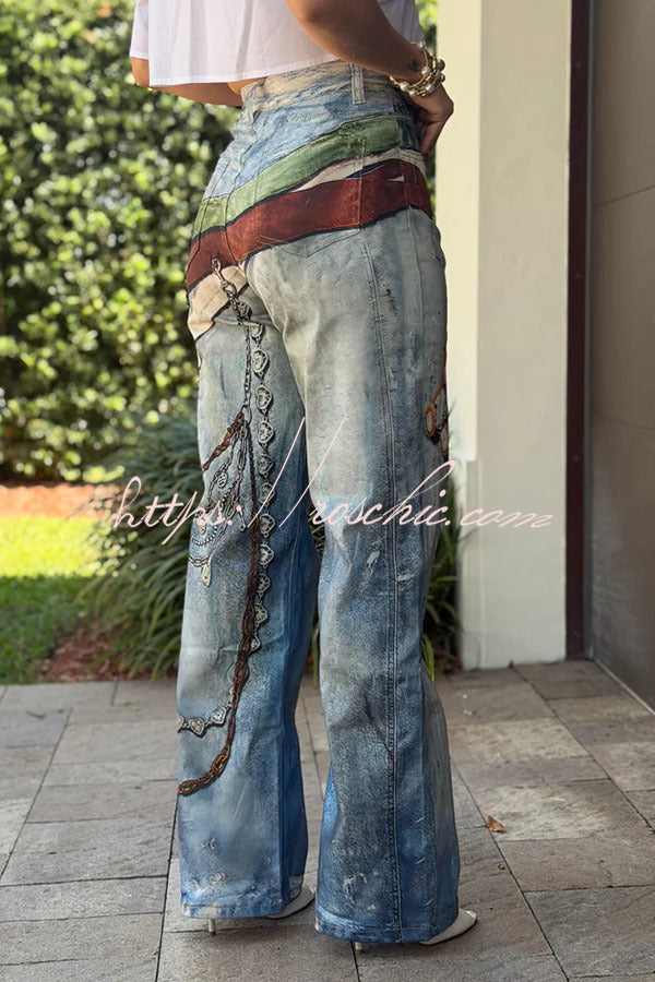 Street Graffiti Denim Unique and Fun Prints High Rise Pocket Straight Leg Jeans
