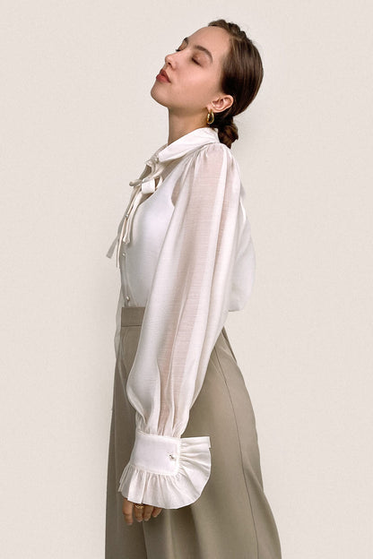 Floral White Sheer Button-Up Tie Neck Blouse