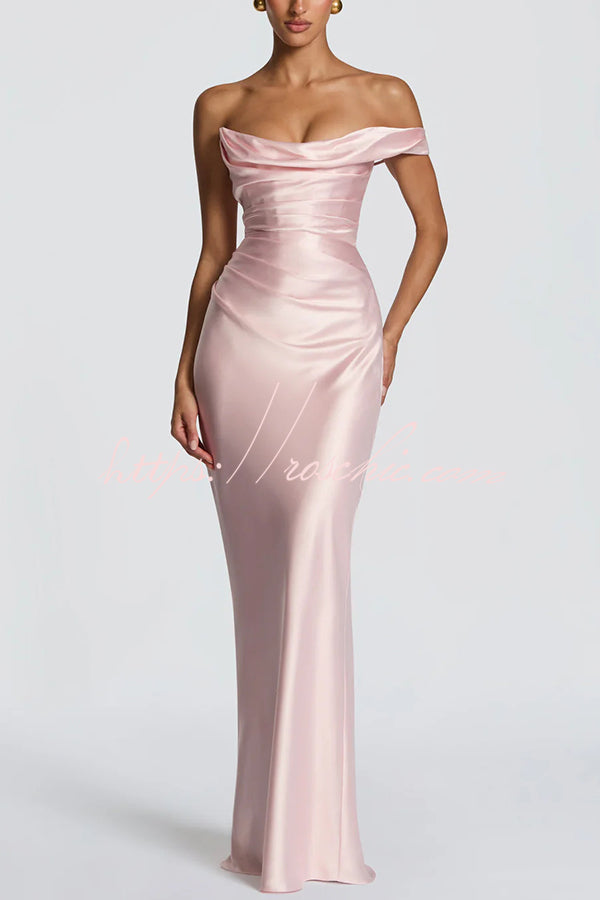 Thalassa Satin One Shoulder Scooped Neck Bias Cut Pleated Maxi Dress