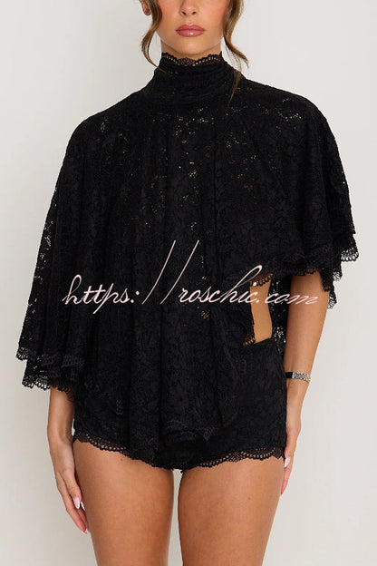Stylish Openwork Lace Loose Top and Side Zipper Slim-fit Shorts Set