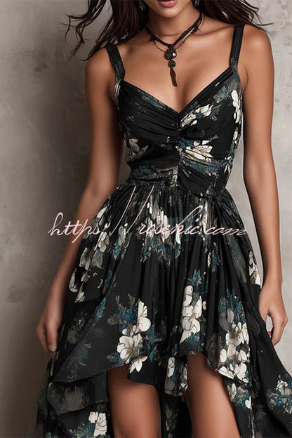 Midnight Wildflower High-Low Ruffle Floral Dress