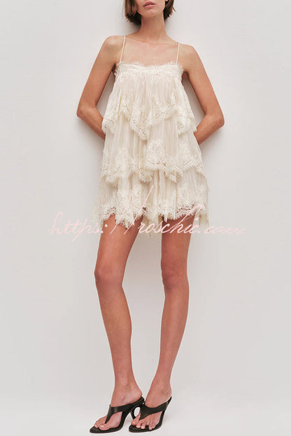 Ophelia Layered Lace Trim Tiers Adjustable Straps Backless A-line Mini Dress