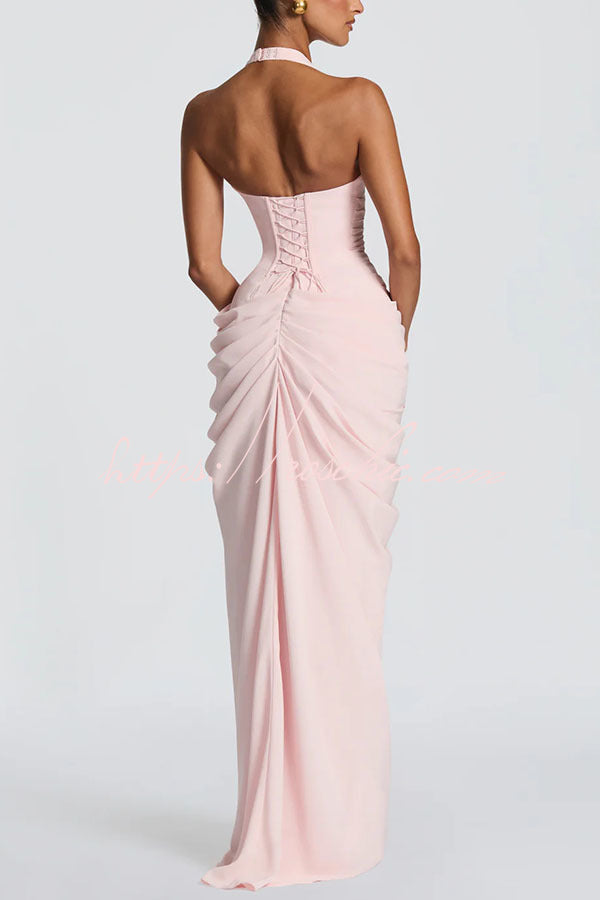 Minette Halter Back Lace-up Asymmetrical Pleats Slit Maxi Dress
