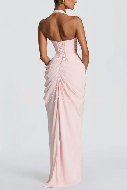 Minette Halter Back Lace-up Asymmetrical Pleats Slit Maxi Dress