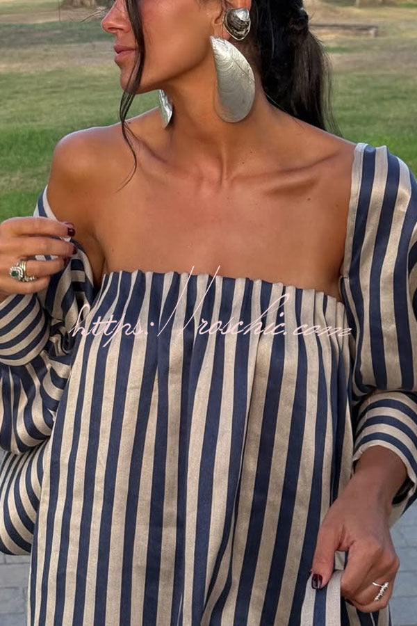 Berry Satin-Striped Detachable Balloon Sleeve Jacket Strapless Maxi Dress