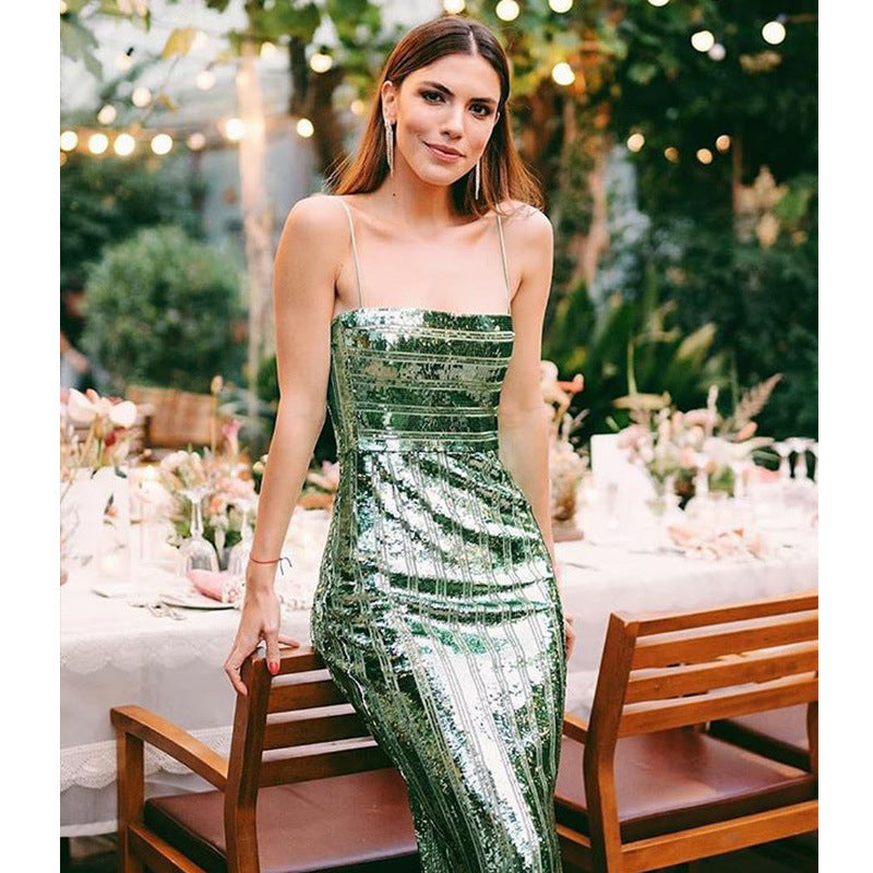 Aleena Satin Striped Cutout Midi Dress Green