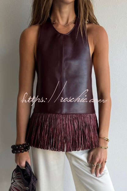 Stylish Halter Neck Sleeveless Leather Tassel Loose Top