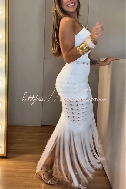 Refresh Style Knit Hollow Out One Shoulder Cutout Waist Tassel Hem Maxi Dress