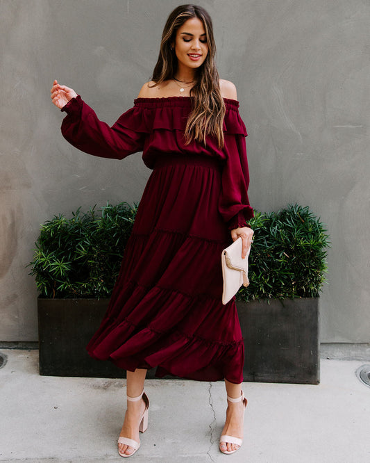 Alicia Off The Shoulder Tiered Midi Dress Burgundy