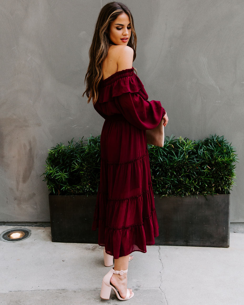 Alicia Off The Shoulder Tiered Midi Dress Burgundy