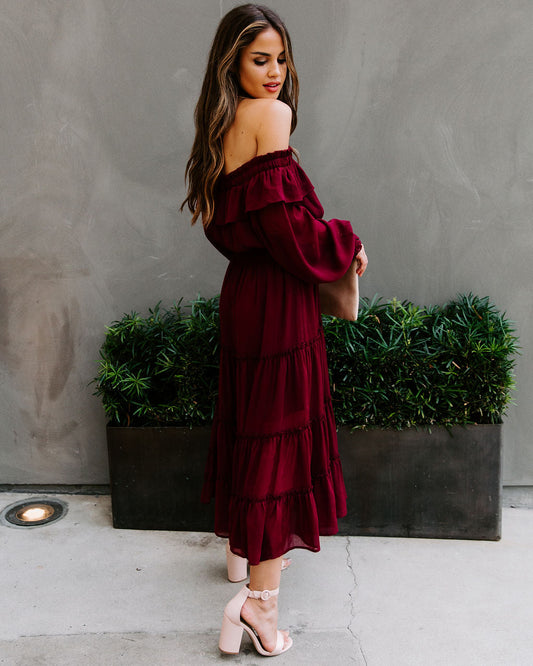 Alicia Off The Shoulder Tiered Midi Dress Burgundy