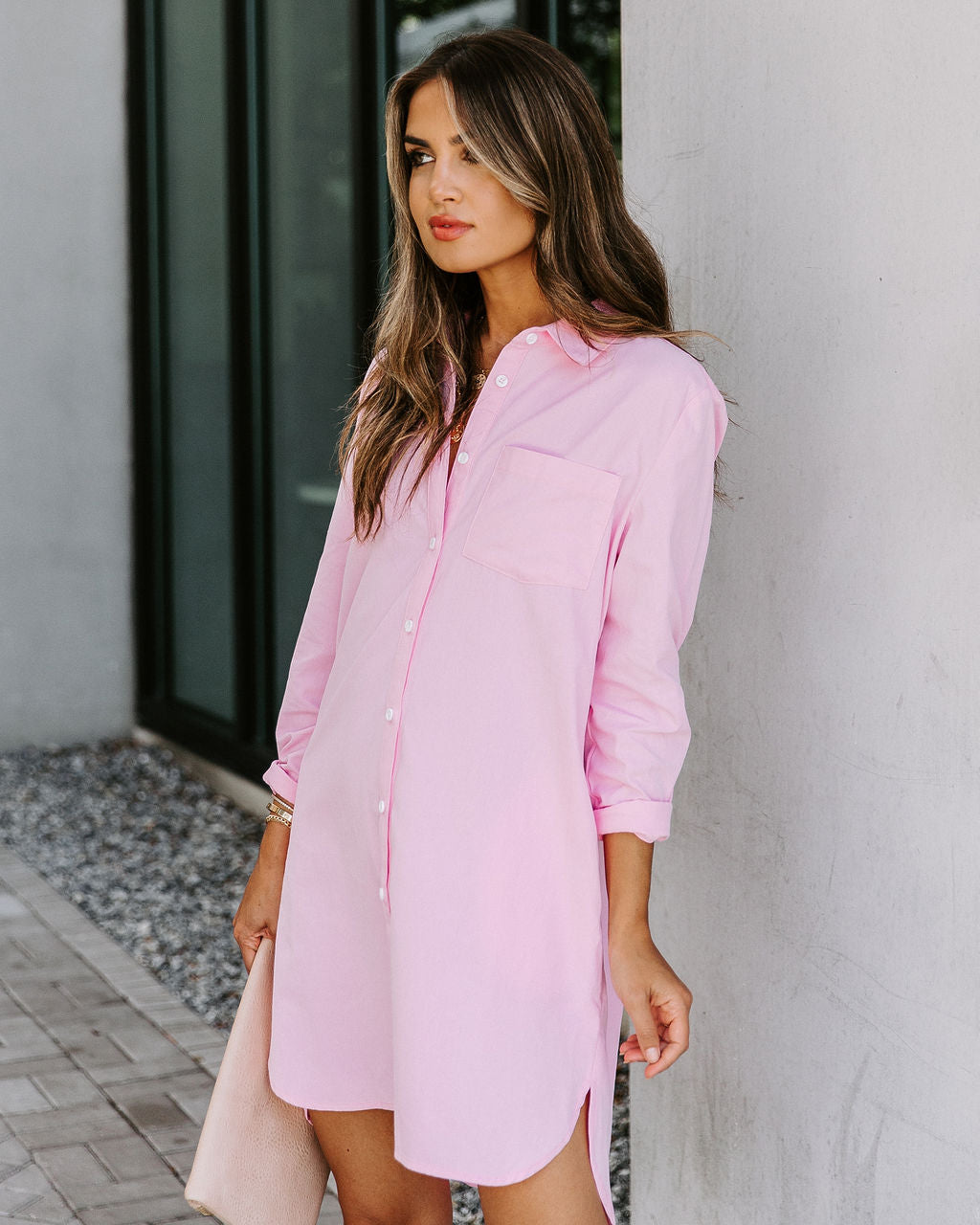 Risky Business Pocketed Button Down Shirt Dress Pink
